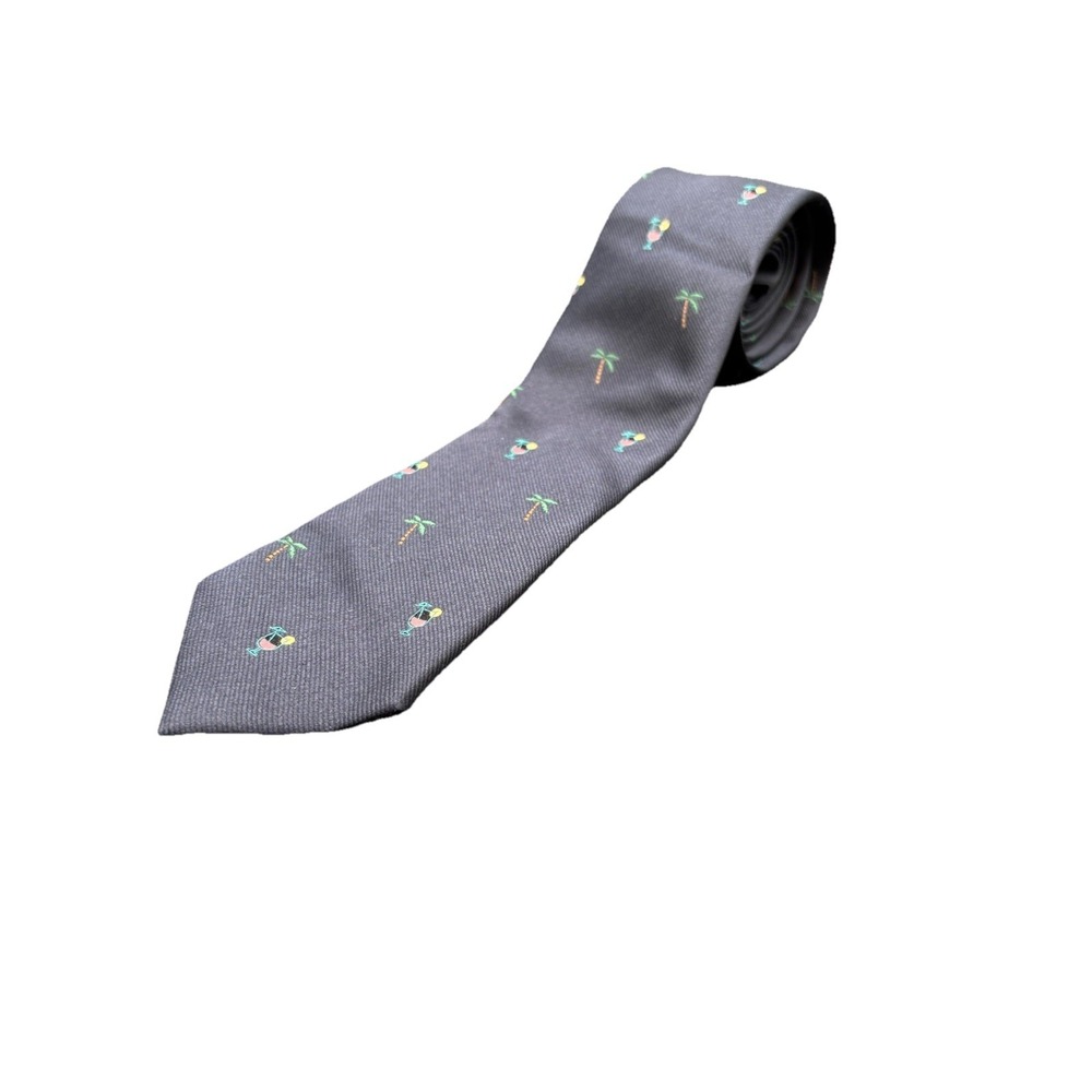 Tie Bar Silk Tie Mens 3" Gray Excellent Tropical Cocktail Palm Tree Stain Resist
